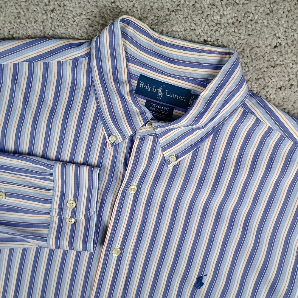 Ralph Lauren Mens Shirt 17.5 34/35 Custom Fit Long Sleeve Blue Orange...
